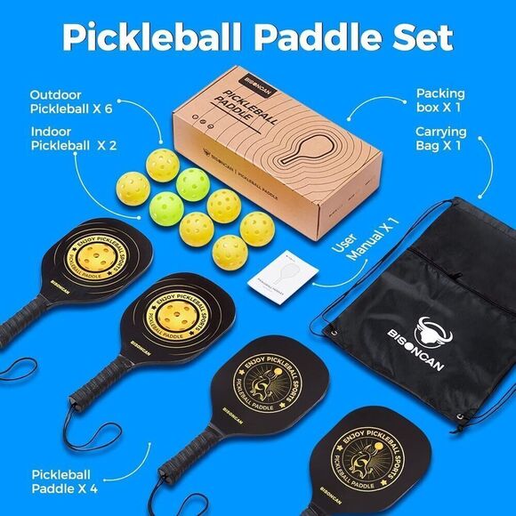 BISONCAN Other - BISONCAN Pickleball Paddle Set/4 Wooden Paddles/8 Balls/1 Carry Bag